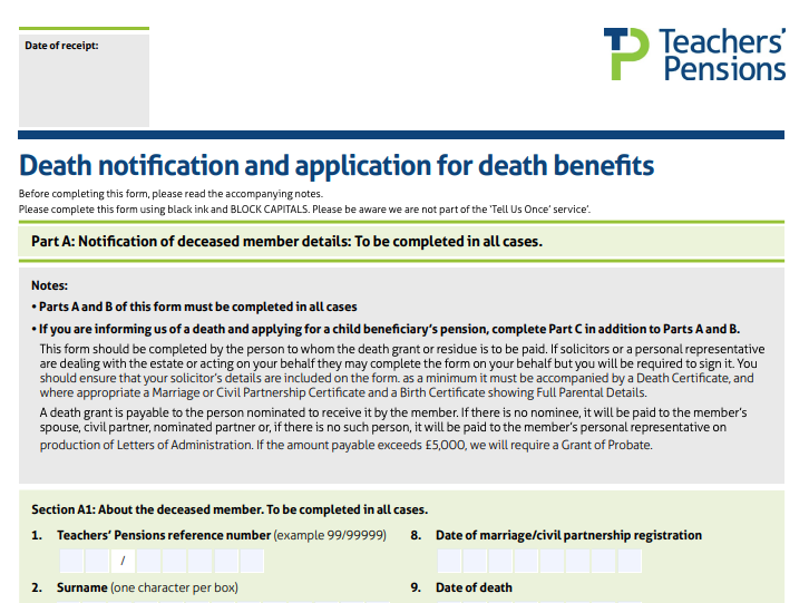 A screenshot of the Teachers’ Pension ‘Death notification and applications for death benefits’ form