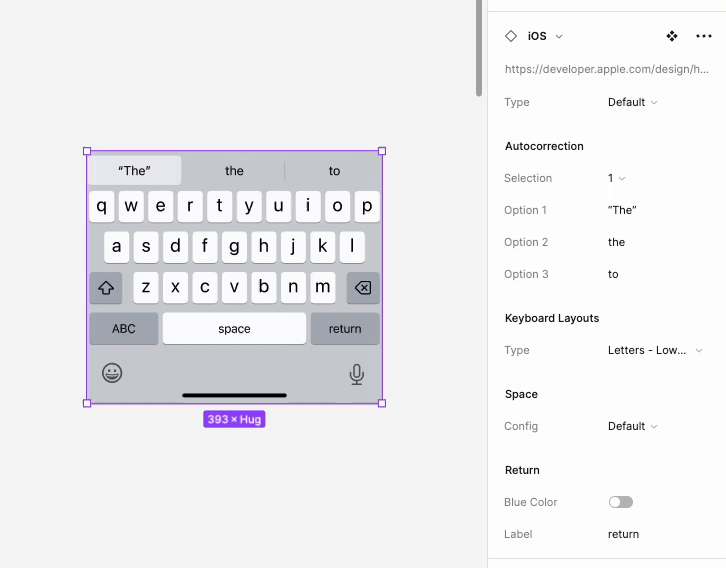 Gif showing a keyboard component in Figma where the variant is changed and the nested properties adjust, then selecting different nested properties in the panel