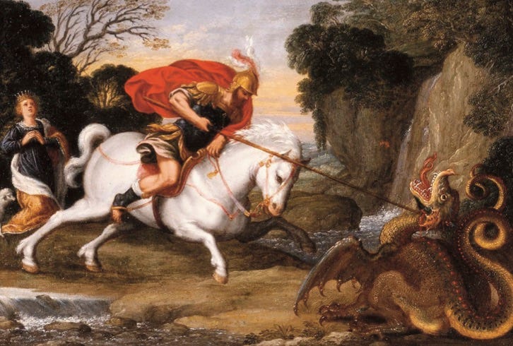 image of St George slaying a dragon whilst a maiden watches on