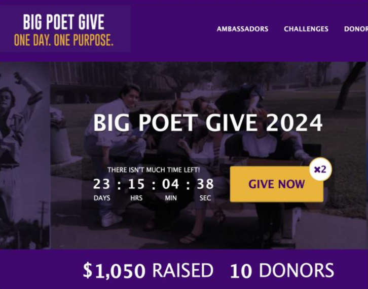 In a purple background, a scene of multiple people sitting are faded by text reading “Big Poet Give 2024 and a timer of 23 days, 15 hours, 4 minutes, and 38 seconds remaining with a big yellow square reading “Give Now” next to it. There is also text at the top reading “Big Poet Give” in white text and “One day. One Purpose” in yellow