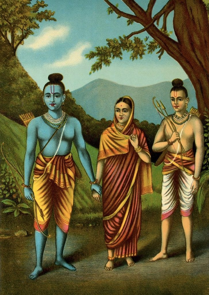 Image of Rama, Sita and Lakshmana featured in Conscious Life Space's article on Tree Pose and the mythology of Queen Sita 
