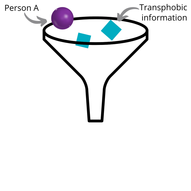 An outline of a funnel with a purple ball on the lip. An arrow to the purple ball labelled ‘person A’. Two small blue squares below the ball are labelled “transphobic information”.