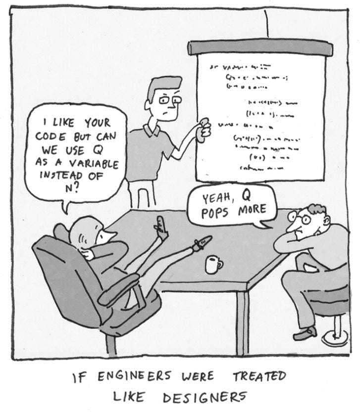 An ironic comic with an engineer showing his work and the manager, that doesn’t understand code commenting: “ I like your code but can we use Q as a variable instead of N?”