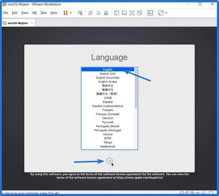 Language welcome screen