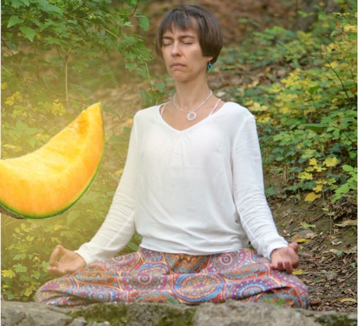 A Person Meditating in front of a holy piece of Cantaloupe.