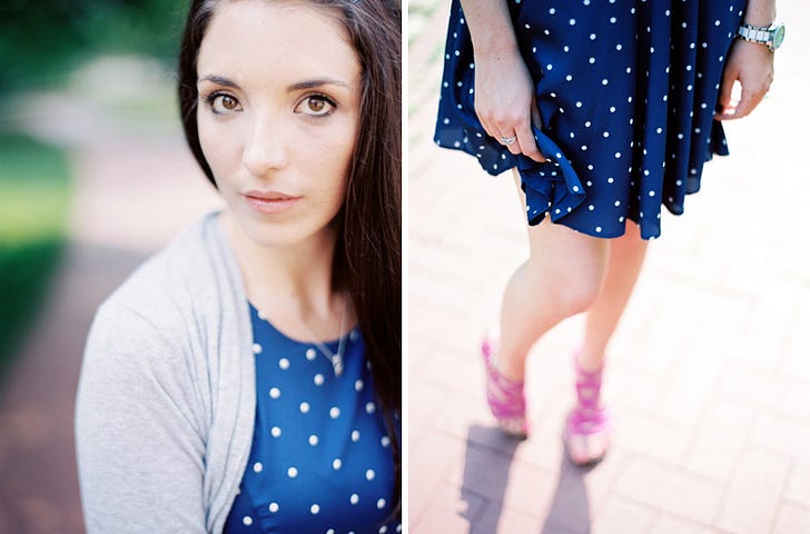 blue dress with white polka dots