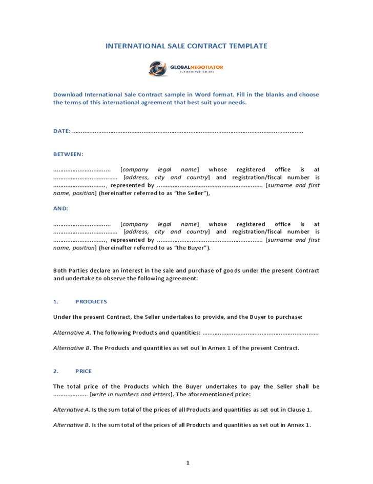 International Sale Contract Template Free Download
