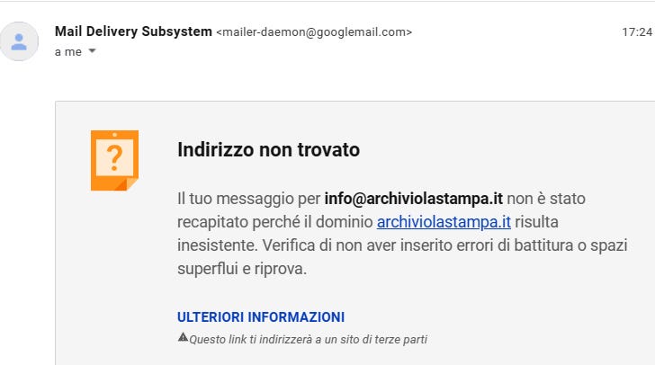 Risposta “Indirizzo non trovato” a una email inviata all’indirizzo info@archiviolastampa.it