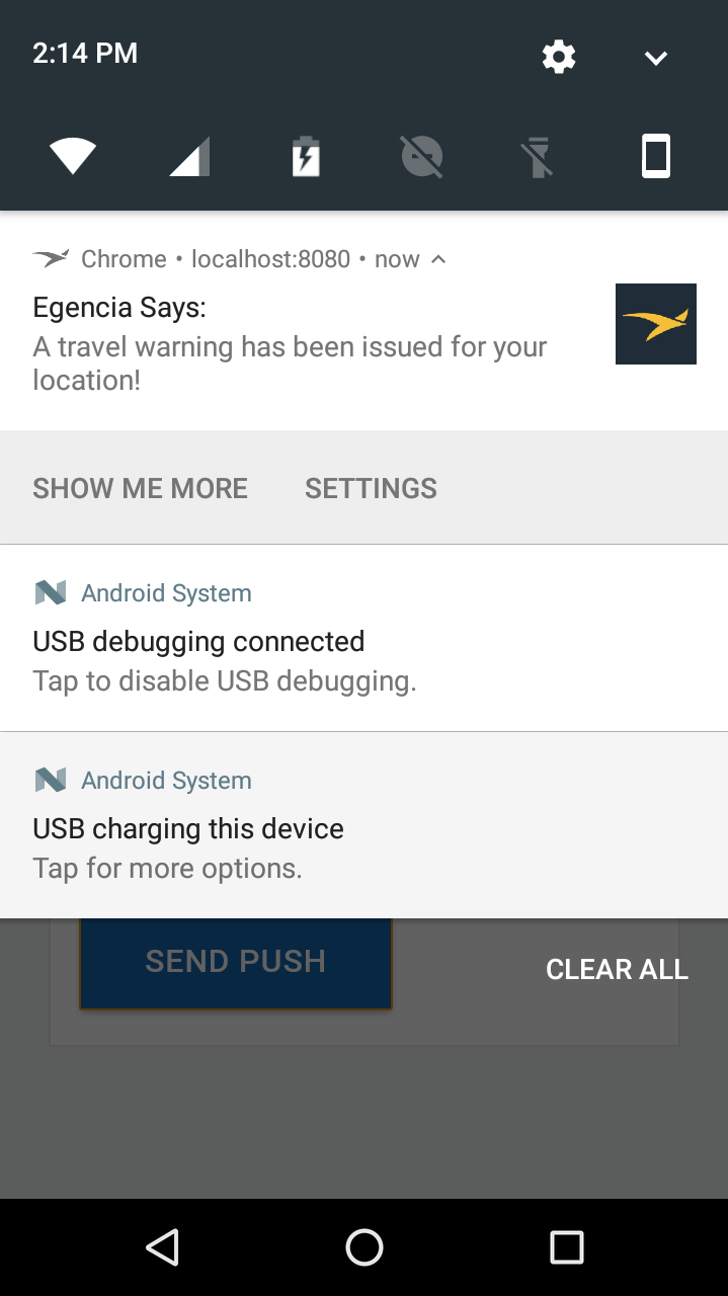 Android notification pulldown view with message from Egencia saying “A travel warning has been issued for your location”