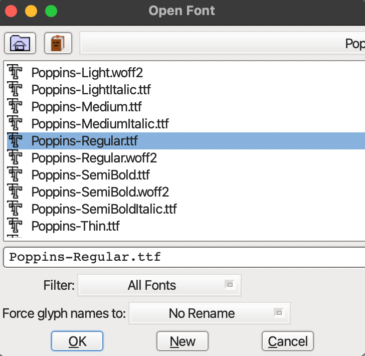 Screenshot of FontForge window with chosen font selected