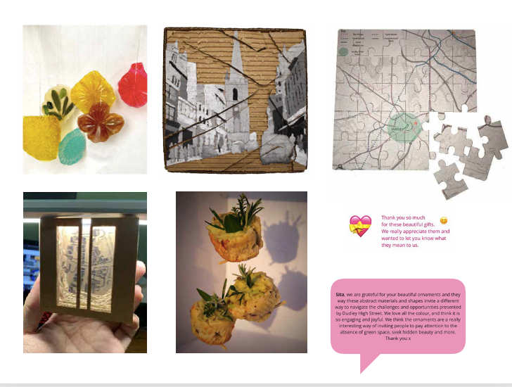 5 images of creative gifts for the high st created by students using sweets, foraged food, jigsaw maps and cardboard collages plus speech bubbles expessing gratitude for these gifts and the collaboration