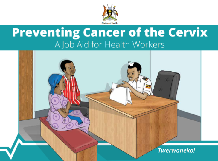 An illustration of a woman and man talking to a health worker, with the words “Preventing Cancer of the Cervix: A Job Aid for Health Workers.”