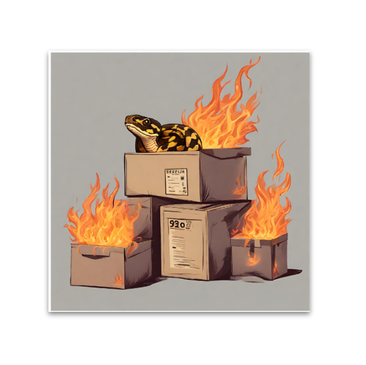 Box files on fire, with a Python on top of them