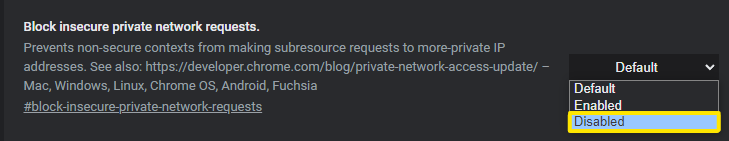 captura de tela das configurações avançadas google. Block insecure private network requests