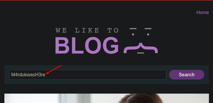 Blog page with search. M4rdukwasH3re in the search bar.