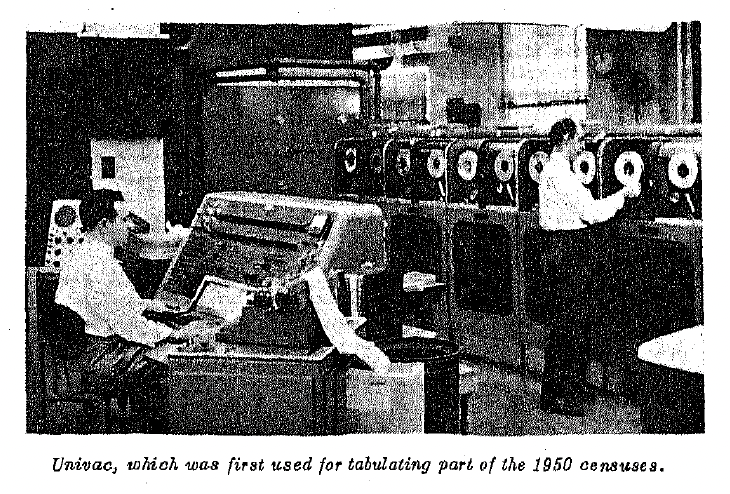 A census employee sits behind a large device with many dials. Another employee stands beside and adjusts a series of magnetic tape reels. The computer takes up the entire room.
