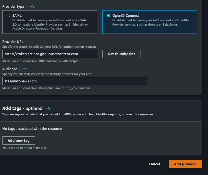 GitHub OIDC Settings in AWS Console