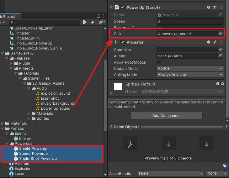 Screenshot of Unity hierarchy showing the addition of the sound asset to all Powerup Prefabs