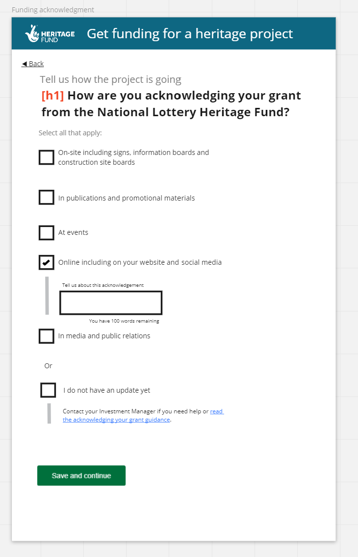 a mockup in Miro of the funding acknowledgement design. Users can use checkboxes to update on multiple areas or they can choose that they don’t have an update on any yet.