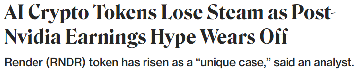 CoinDesk June 14 headline and subhed: “AI Crypto Tokens Lose Steam as Post-Nvidia Earnings Hype Wears Off / Render (RNDR) token has risen as a “unique case,” said an analyst.”