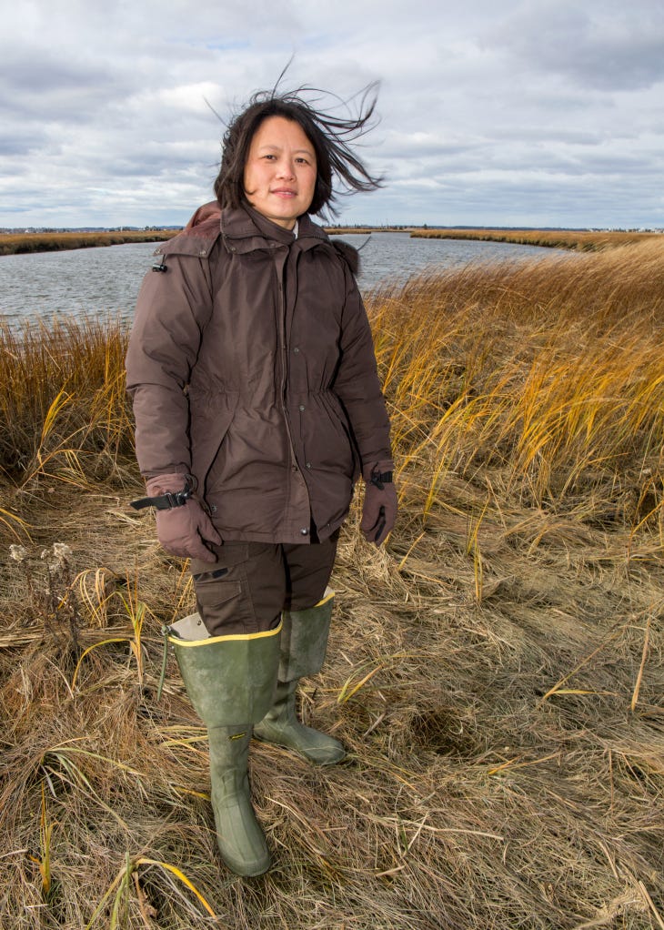 Woman in brown uniform and green rubber boots stands in grass with water behind.