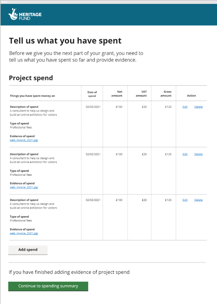 Screengrab of a page in a low-fidelity prototype showing how grantees might add evidence of grant spend