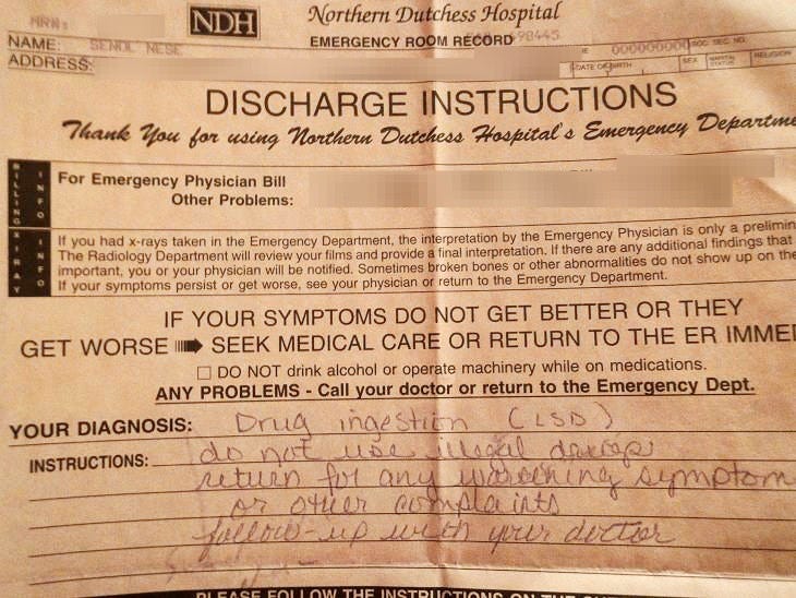 Discharge instructions from Northern Duchess Hospital in 2006. Text reads “Drug ingestion (LSD) do not use illegal drugs”