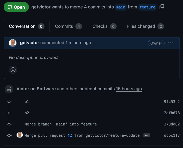 GitHub view of the PR to merge feature branch into main branch