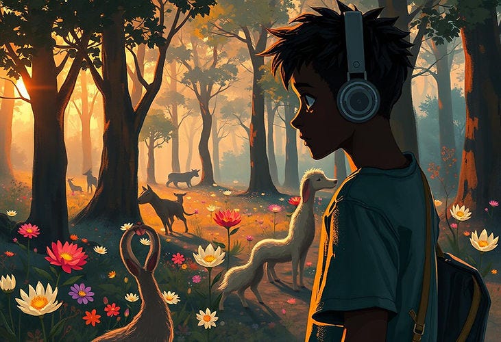 A boy wearing headphones walks through a colourful forest at sunset, surrounded by flowers and animals.