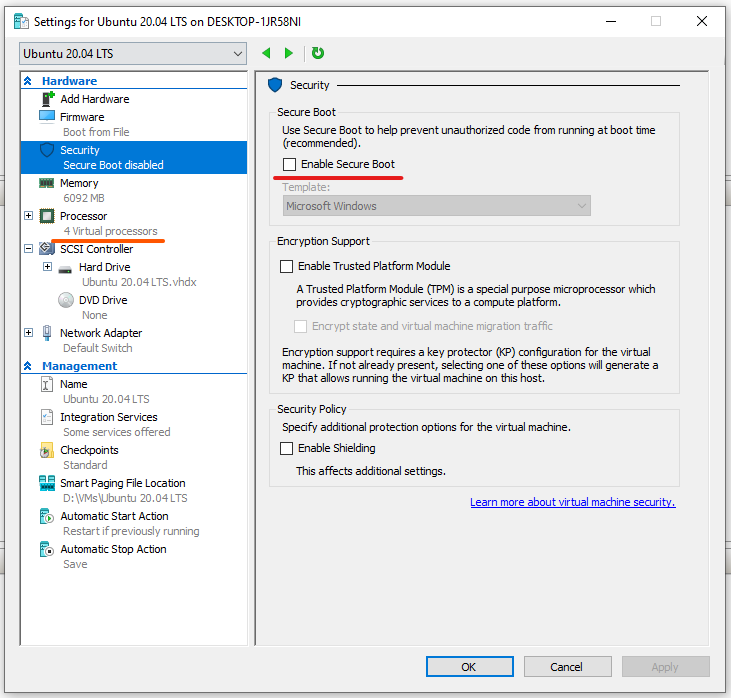 Hyper-V disable “Enable Secure Boot”