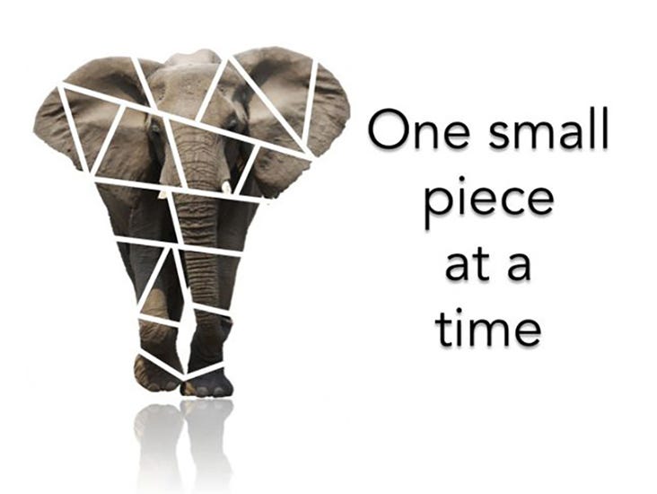 Image of elephant, separated by white lines into “pieces”. Copy: One small piece at a time.