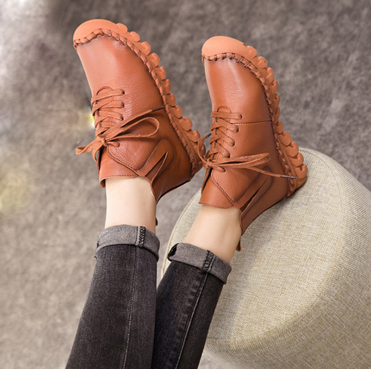 Winter Women Boots 2017 Spring Fashion Soft Casual Flat Shoes Genuine Leather Lace Up Sewing Warm Short Plush Ankle Boots