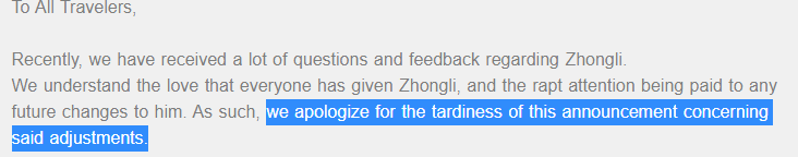 Text from MiHoYo’s announcement that “apologize for the tardiness of this announcement”