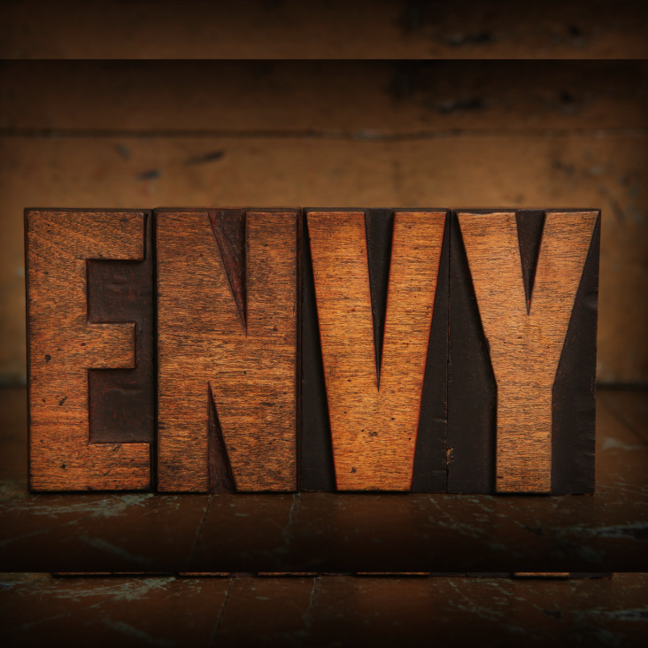 block wood reading “envy”