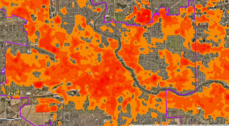 A heat map where the red shows areas that get hotter in summer. Areas of parks and trees are lacking red, while areas with less trees and green spaces have more red (left). source: (left) CDC Wonder (right) https://southbendin.gov/urbanforest/