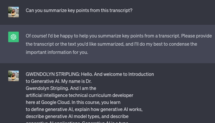 Screenshot of ChatGPT summarizing key points from a video transcript