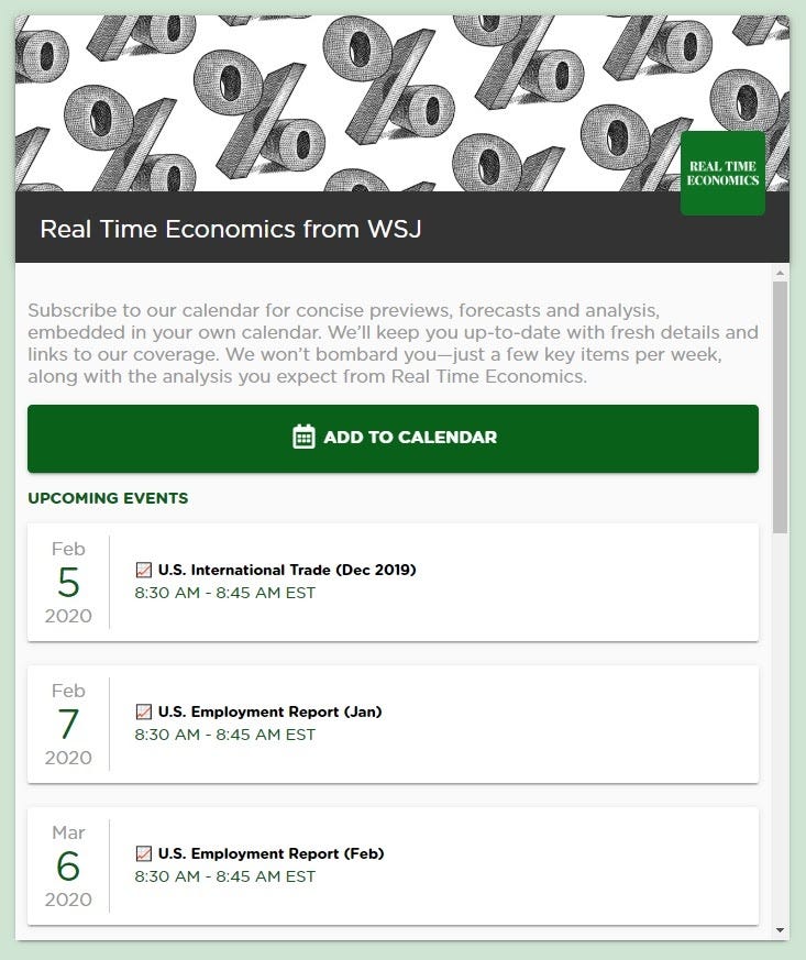 An overview page for the Real Time Economics calendar showing upcoming events