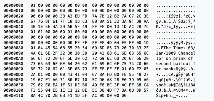 From Genesis Block to Decentralized Finance: The raw hex version of the Genesis block