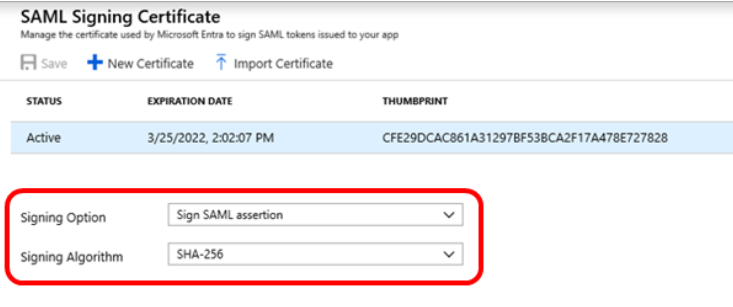 Image showing SAML signing certificate options