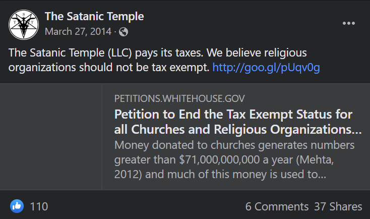 FB post by The Satanic Temple <The Satanic Temple (LLC) pays its taxes. We believe religious organizations should not be tax exempt.