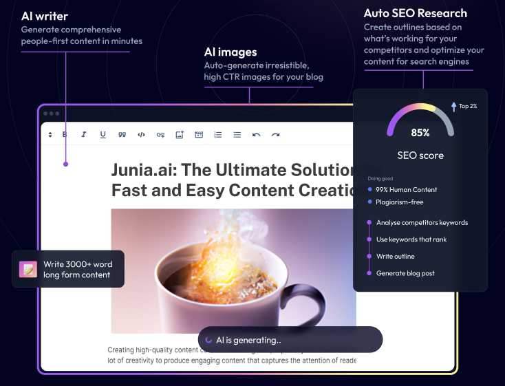 Junia AI’s AI article writer — best ai writing software for seo-rich content creation.
