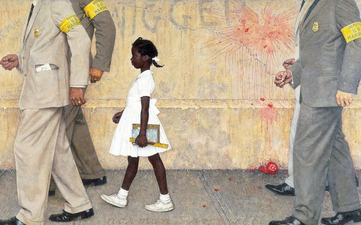 Young black girl walking past wall with splattered tomatoes, escorted by u.s. marshals wearing armbands, in a painting by Norman Rockwell titled The Problem We All Live With.