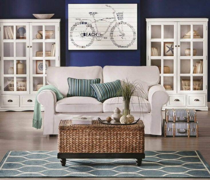 White loveseat with weave basket-like coffee table, 2 white with glass doors cabinets