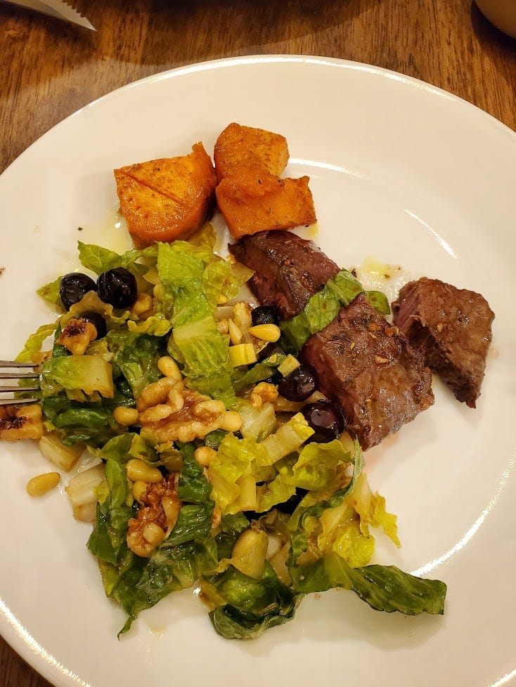 Leafy greens, nuts, olive oil, vinegar, steak, sweet potatoes (limited amount).