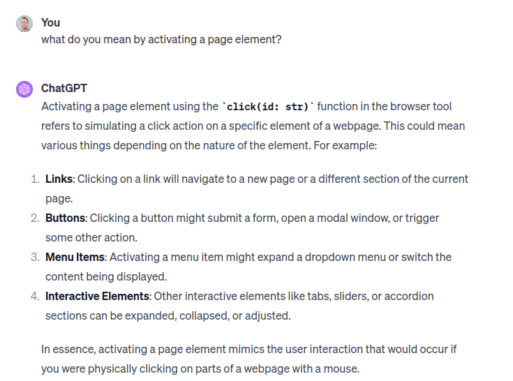 screenshot from chatgpt response about it’s ability to click on elements
