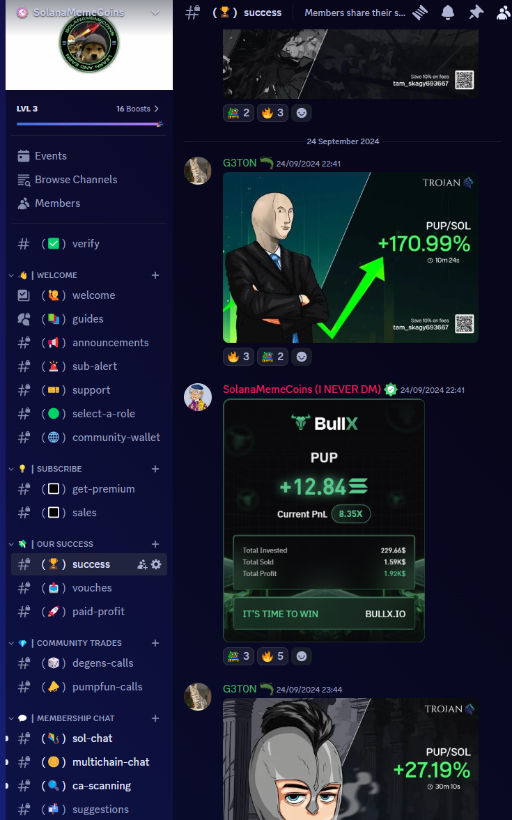 Solanamemecoins discord group profits from the trading signals