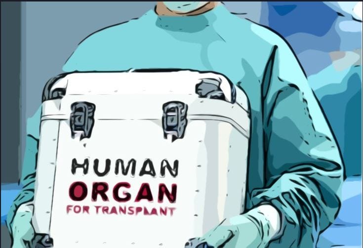 Drawing of person in surgical scrubs carrying a cooler labeled “Human Organ for Transplant.”