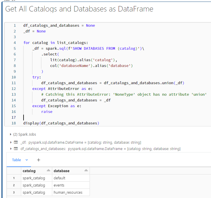 All Catalogs and databases dataframe using SHOW COMMAND FROM