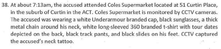 Document saying the perpetrator was at Curtin Coles at 7.13am