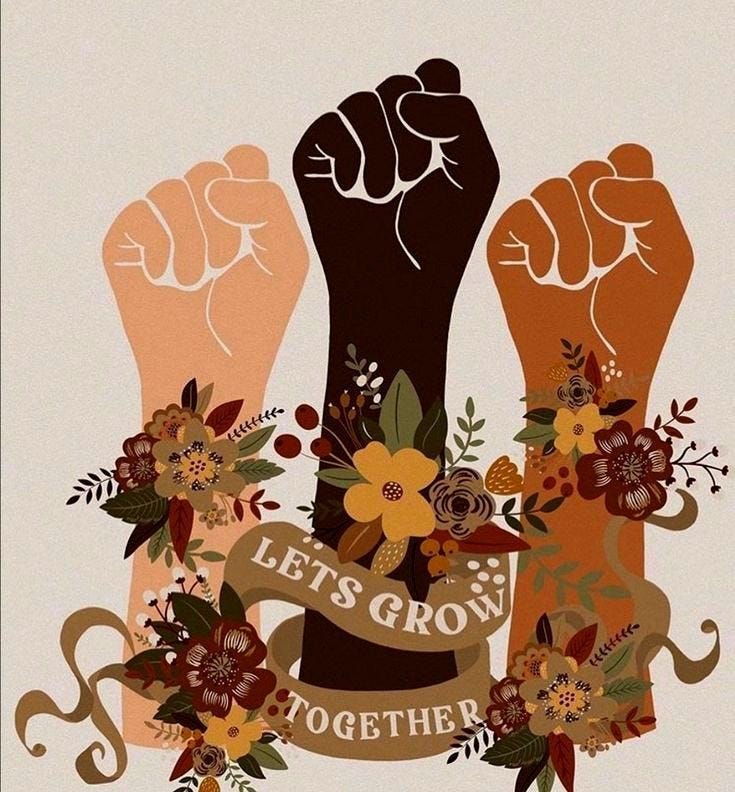 Imagem que demonstra três mãos de punhos fechados para lutar pelo movimento feminista. “Vamos crescer juntas” — Fonte: Pinterest